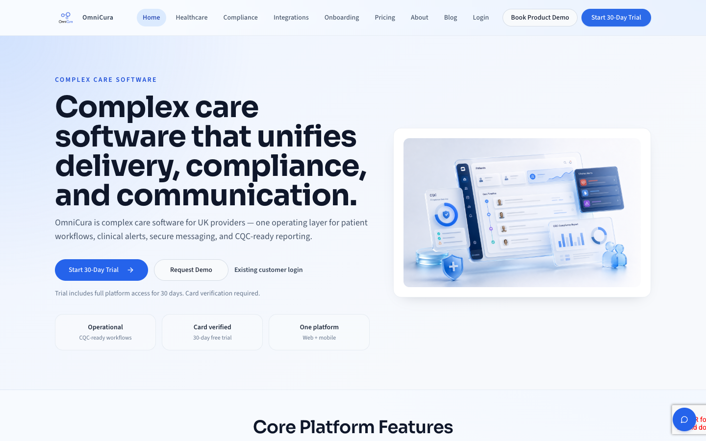 OmniCura public product page showing complex care software positioning and platform preview.