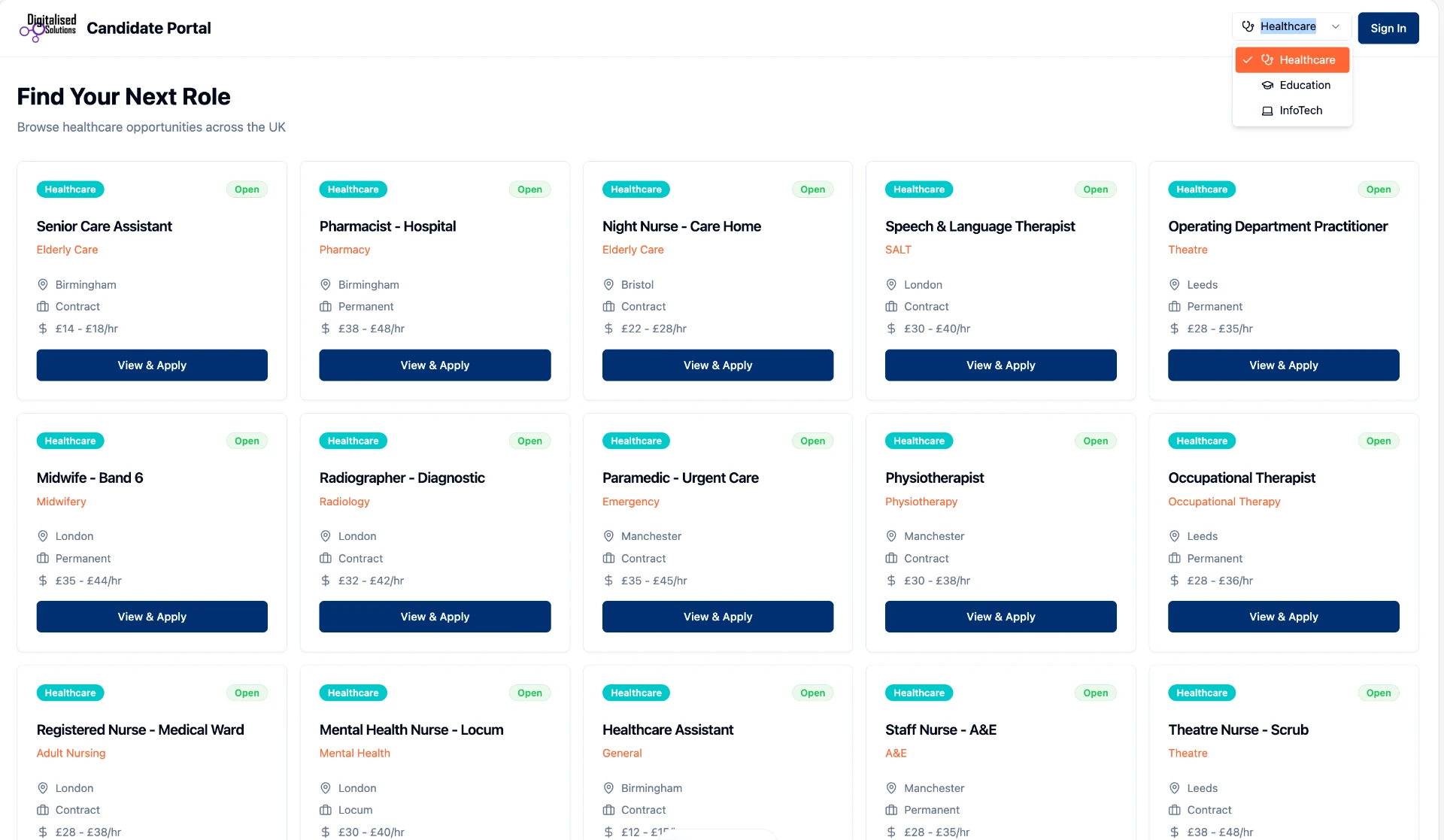 Recruitment candidate portal job board with the sector switcher open on Healthcare, Education, and InfoTech.