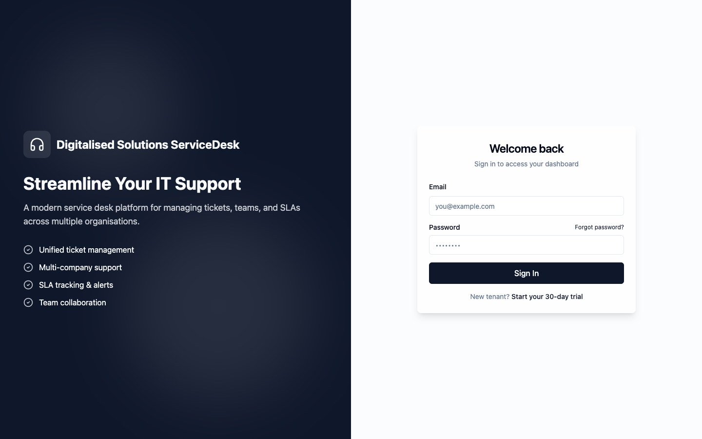 Digitalised Solutions ServiceDesk public sign-in screen and IT support value proposition.