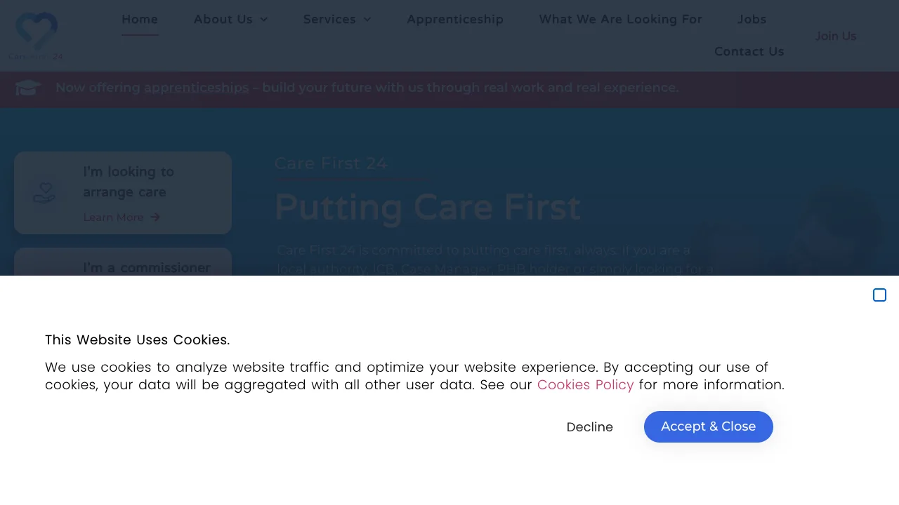 Screenshot of the Care First 24 website hero section
