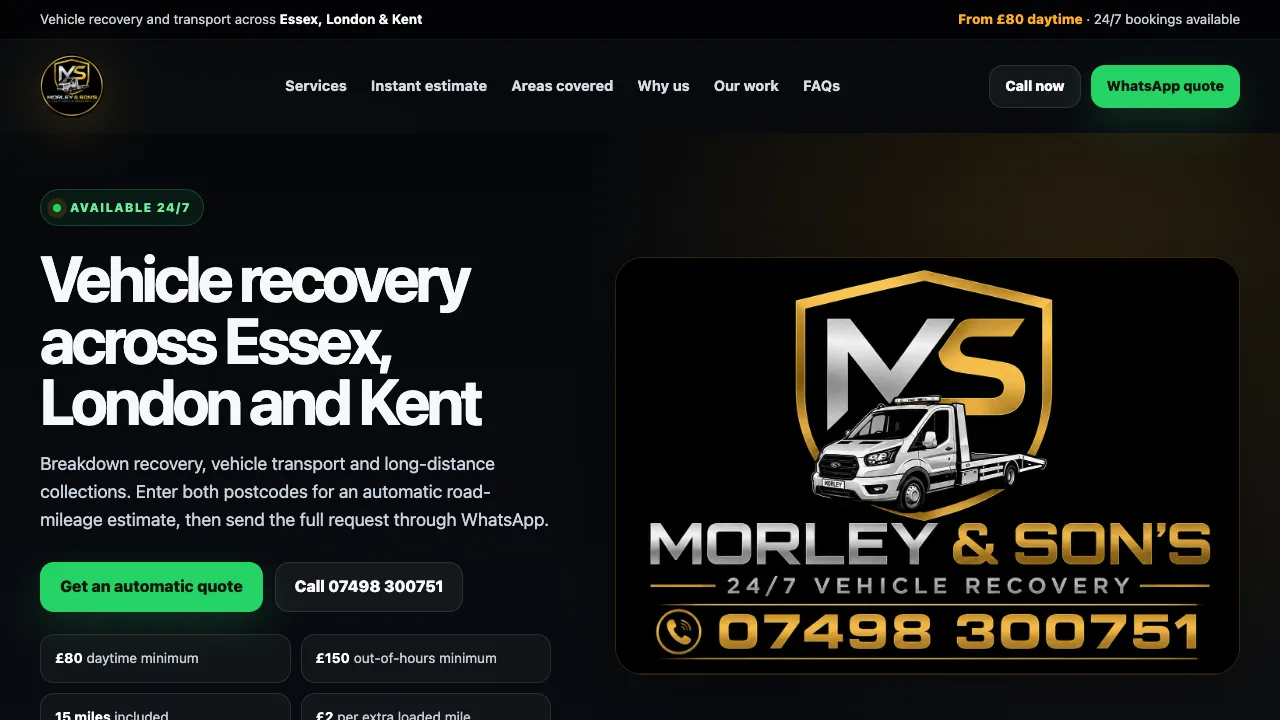 Screenshot of the Morley & Sons Recovery website hero section