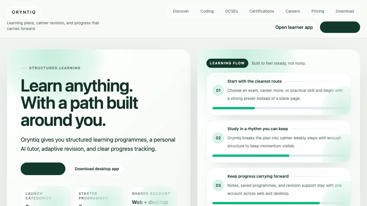 Screenshot of the Oryntiq website hero section