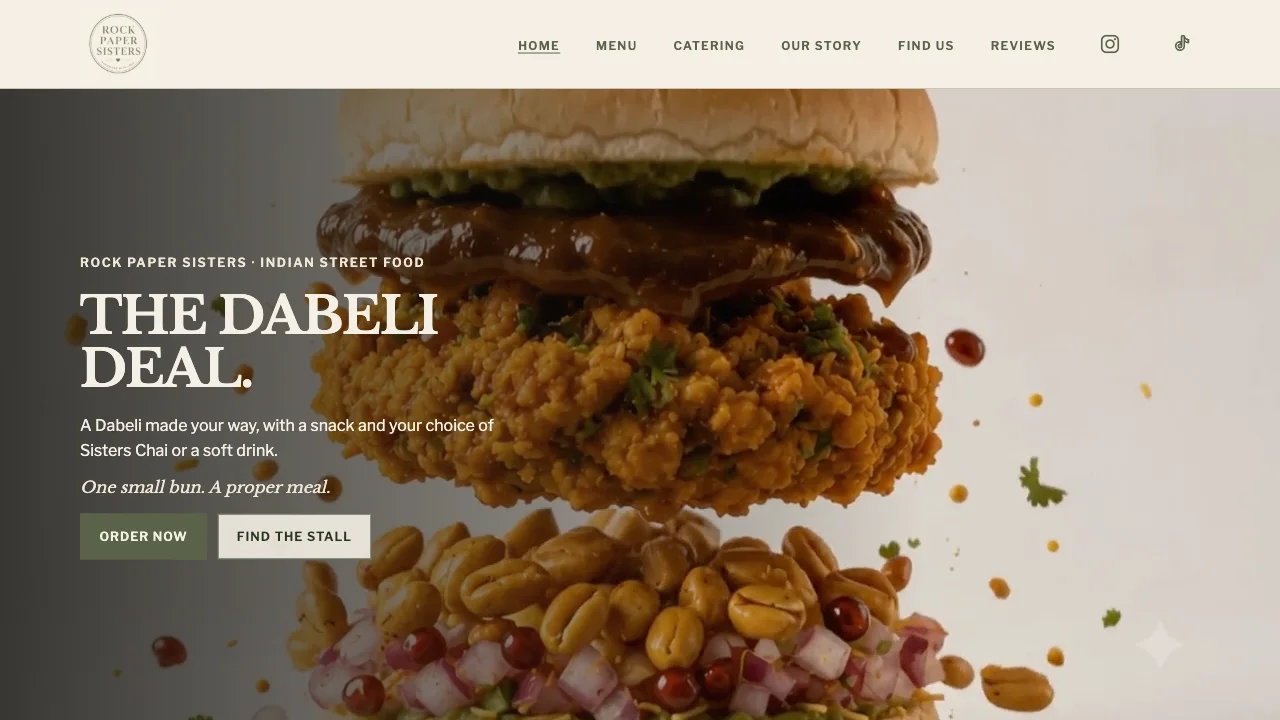 Screenshot of the Rock Paper Sisters Indian street food homepage