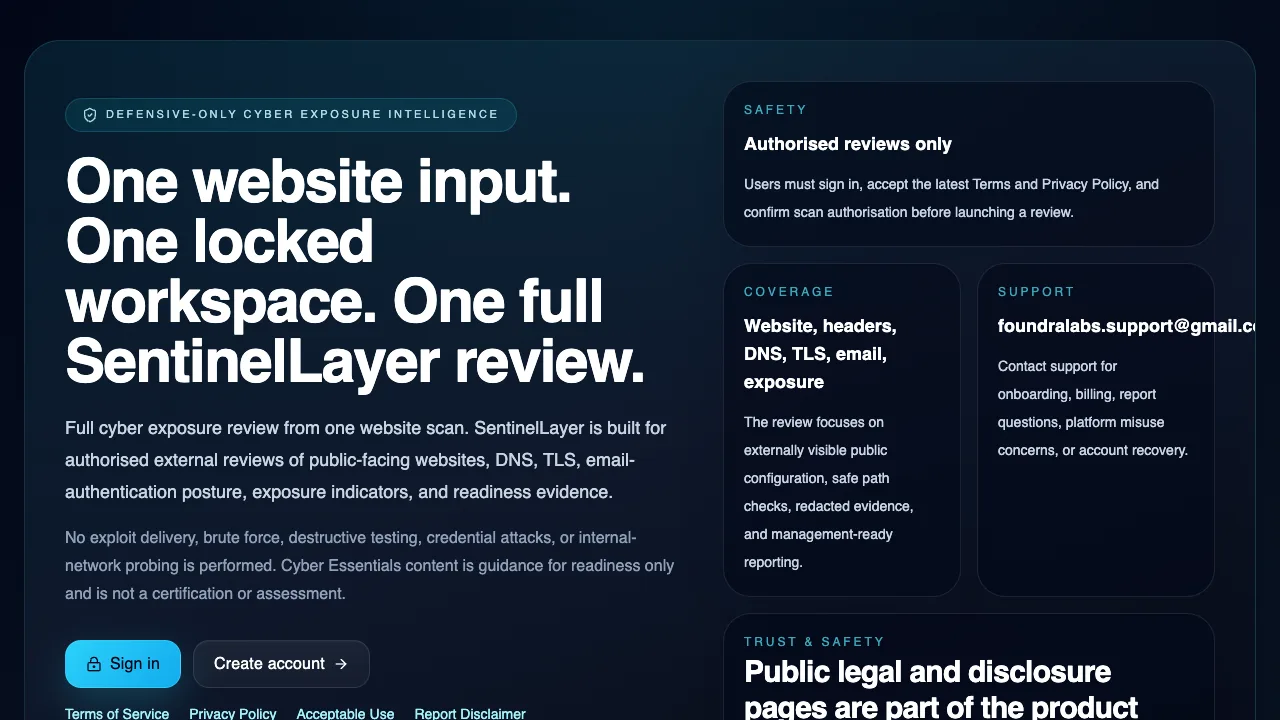 Screenshot of the SentinelLayer website hero section