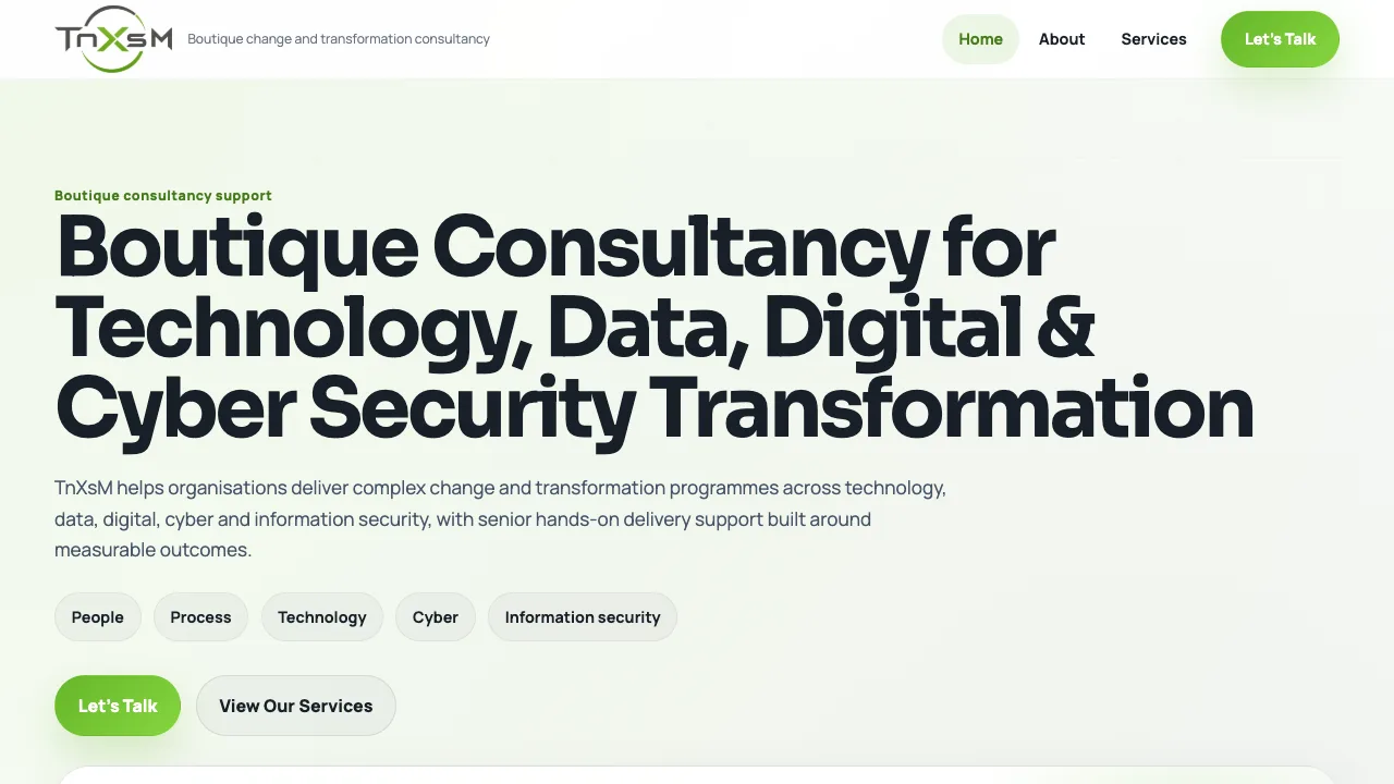 Screenshot of the TnXsM website hero section